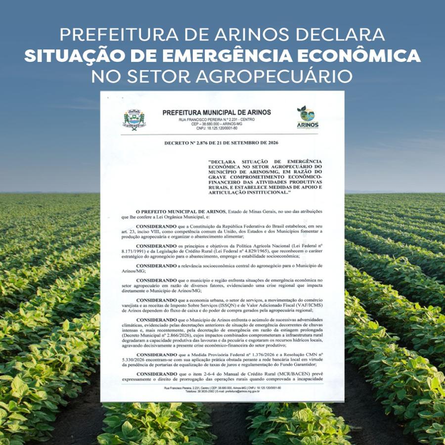 Prefeitura de Arinos declara Situação de Emergência Econômico no Setor Agropecuário